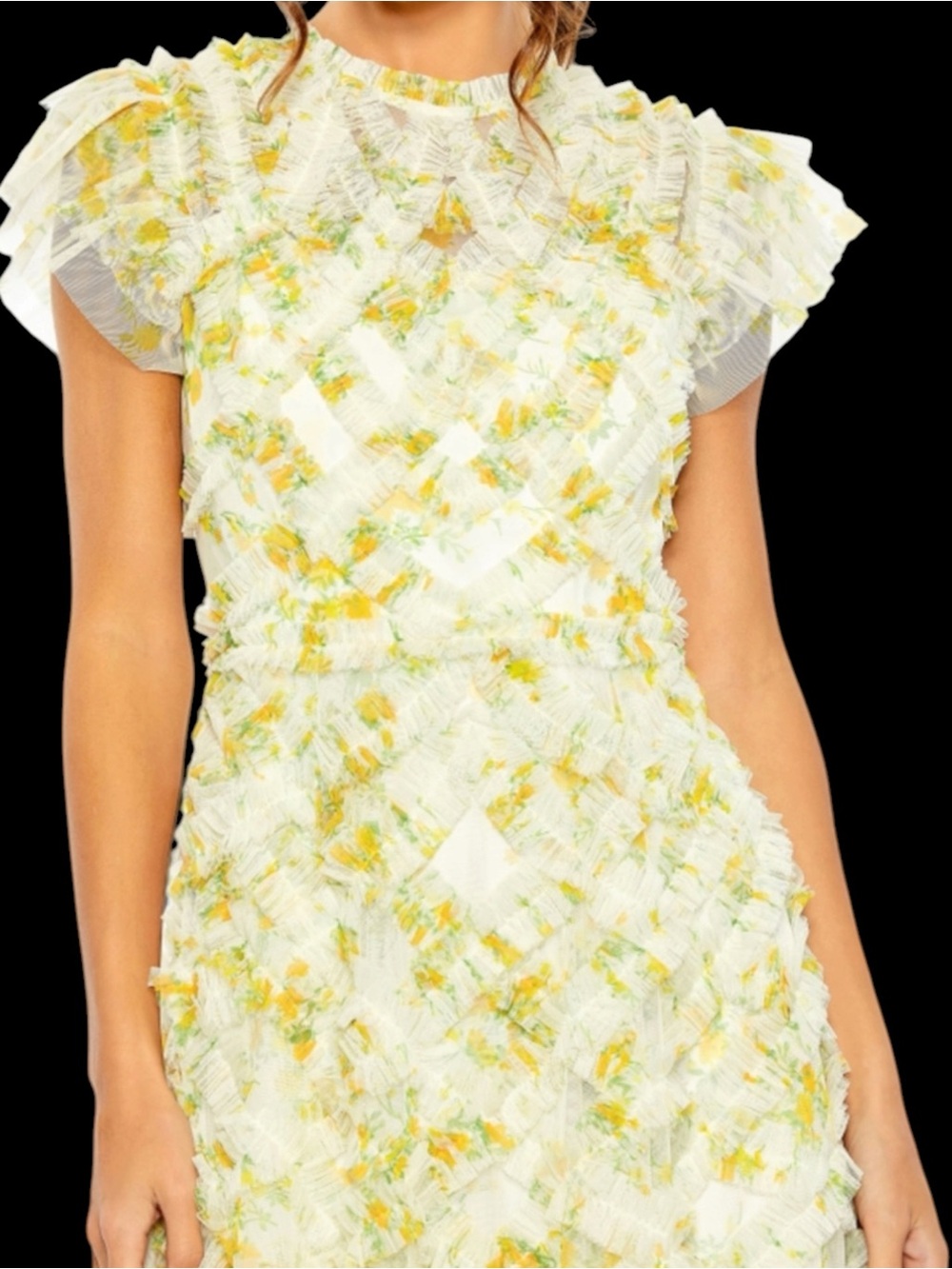 Mac Duggal 8009 Yellow Floral Chiffon Tea Length Cap Sleeve Tiered Ruffle Dress - Picture 3 of 7